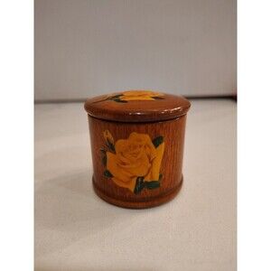 Vintage Wood Roll Stamp Holder Dispenser Yellow Roses Felt Bottom
